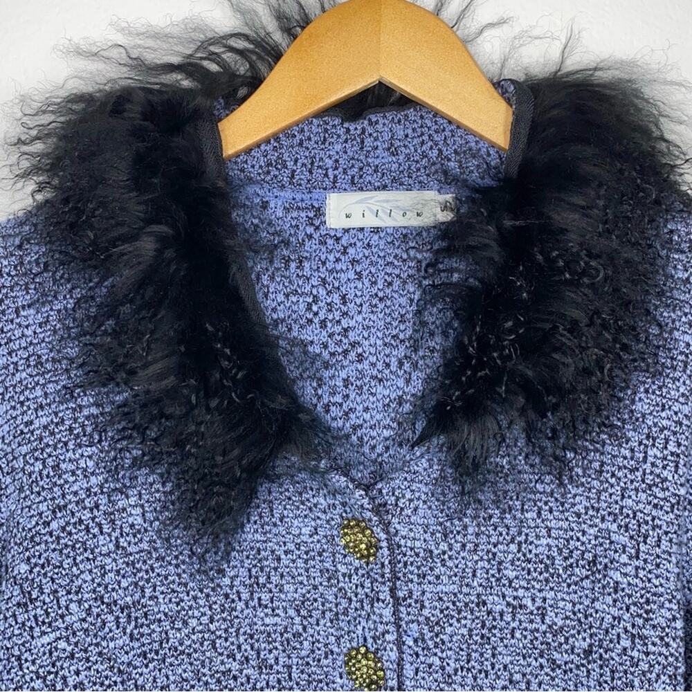 M VTG Willow Blue Black Tweed Knit Jeweled Button Fur Collar Sweater Blazer Top - Picture 9 of 10